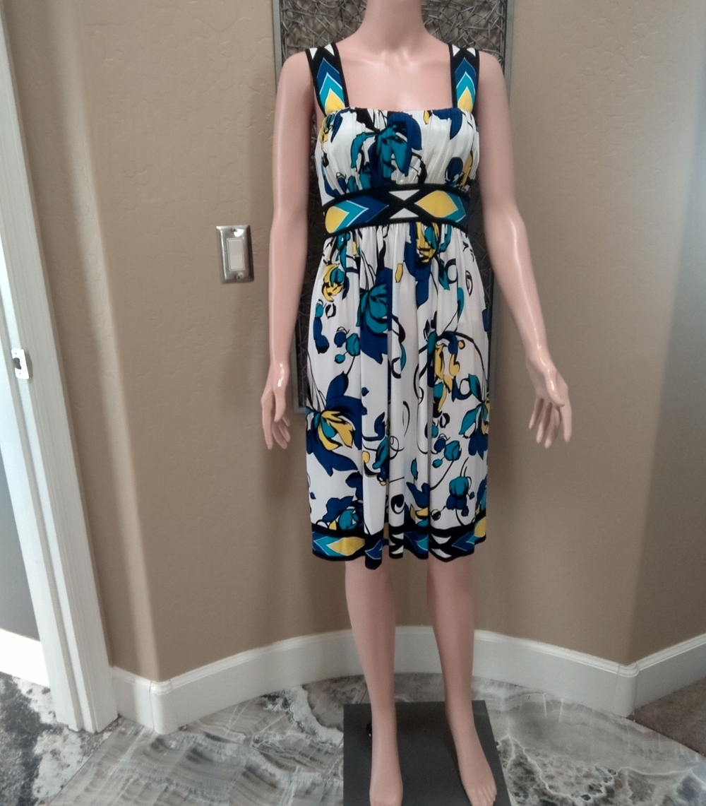 Maggie London Floral Ruched Top Knit Dress in Vibrant Blue/Yellow/Black/White